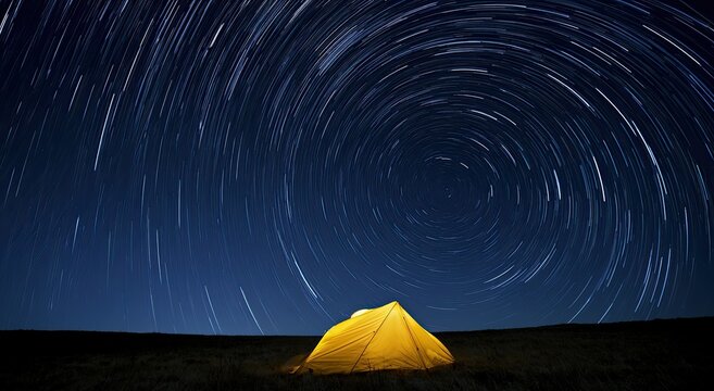 A single illuminated tent under a sky filled with swirling star trails