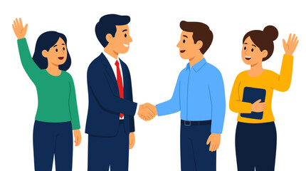 Obraz premium Professional Business Manager in Suit Shaking Hands with New Employee While Female Coworkers Wave Welcome Greeting, Corporate Team Introduction Flat Vector Illustration with Bold Colors