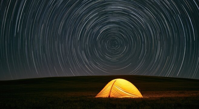 Lone illuminated tent under swirling star trails in a dark landscape