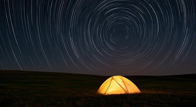 Illuminated tent under a mesmerizing circular star trail display at night