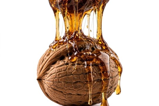 Caramel pouring on brown nut isolated.
