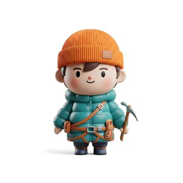3D cute mountain climber hiker boy character wearing orange beanie and teal jacket holding ice pickaxe with climbing gear adventure travel graphic asset isolated on white background