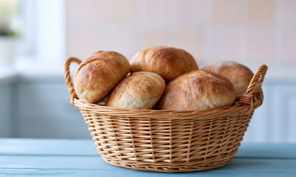 A light brown natural wicker basket filled with several stale rustic bread rolls, the bread clearly old and dry with hard crusts