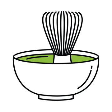 A whisk is whisking green tea in a bowl indoors.