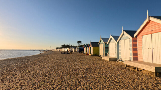 Colorful Brighton Beach Bathing Boxes at Sunset in Victoria Australia