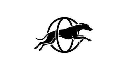 Fast jumping greyhound dog through hoop logo. © ani