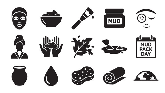 Mud therapy and spa treatment icons, 15 black solid vector symbols for skincare and wellness, facial mask and mud pack day graphics