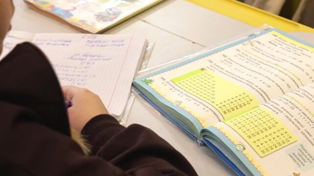 A student practices mathematics in a workbook at a desk, showing the diligent process of learning multiplication tables within an educational setting for personal academic growth today
