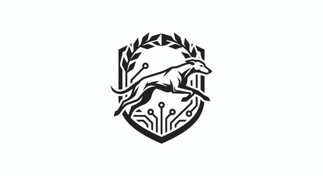 Futuristic greyhound logo with laurel wreath.