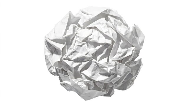 Crumpled aluminum foil ball on white background with bright lighting and metallic texture.