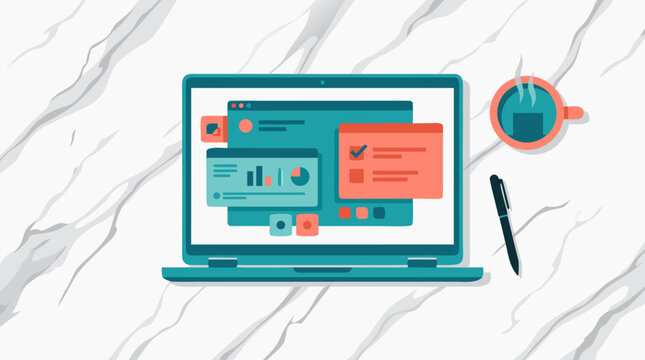 Flat lay top view of modern laptop displaying productivity dashboard with overlapping teal and coral windows, charts, checkboxes, coffee cup and pen on marble background, workspace concept