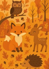 Fototapeta premium Cute woodland animals autumn illustration