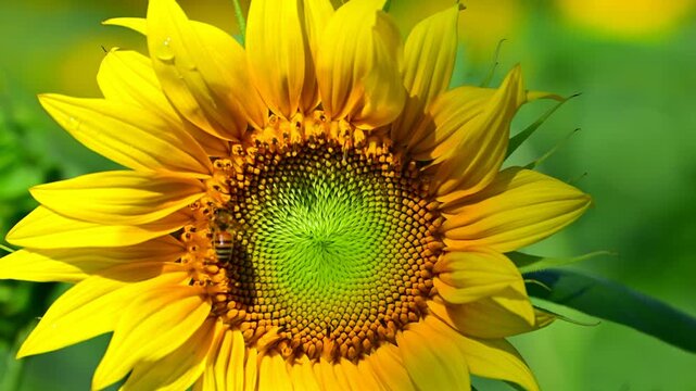夏の向日葵の花に蜂が蜜を吸う