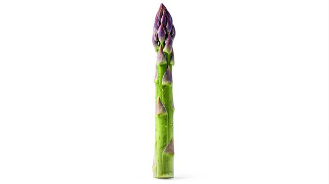 Fresh green asparagus spear with purple tips standing upright alone indoors.