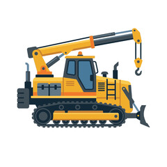 Obraz premium A yellow excavator with a long arm and hook attachment sits on tracks in a construction environment.