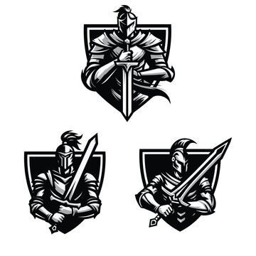 Medieval knight with sword and shield vector emblem
