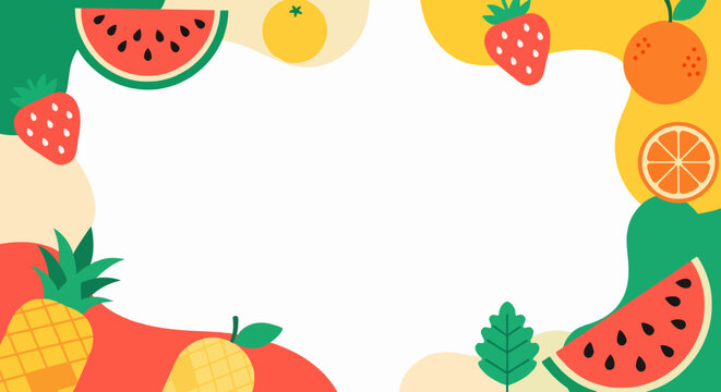 Flat illustration of a colorful fruit border featuring watermelon and strawberries around a central white space.
