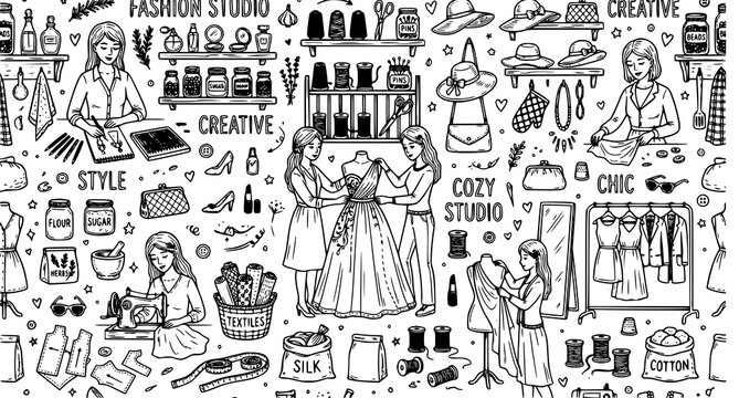 fashion doodles seamless pattern with monochrome doodles for wallpaper, scrapbooking, stationery, backgrounds, textile prints, etc. EPS 10