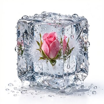 Frozen pink rose in melting ice cube with water droplets on white background.