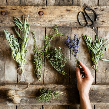 Hand of woman picking up bundled herbs lying on wooden surface