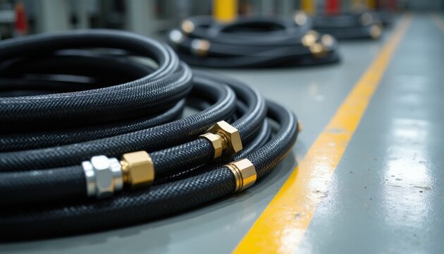 Black hydraulic hoses with brass, silver fittings lie coiled on grey industrial floor, organized neatly in row. Flexible tubes prepared for connection, use in machinery, ready for fluid transfer in