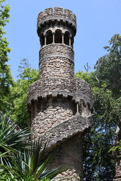Stone tower of the Ledas Grotto at Quinta da Regaleira in Sintra