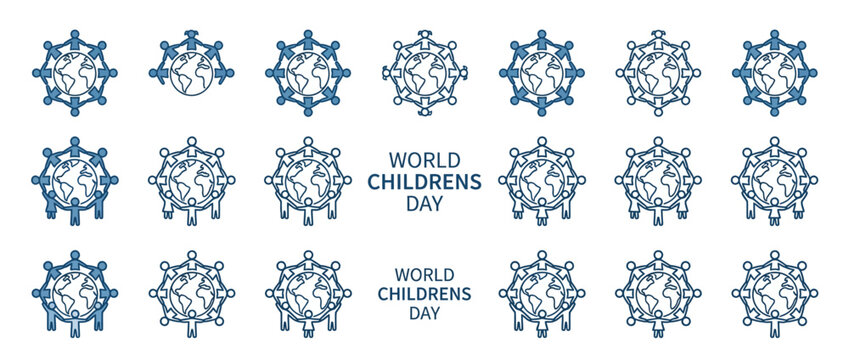 Children Holding Hands Around Earth Globe, World Children's Day Concept Illustration