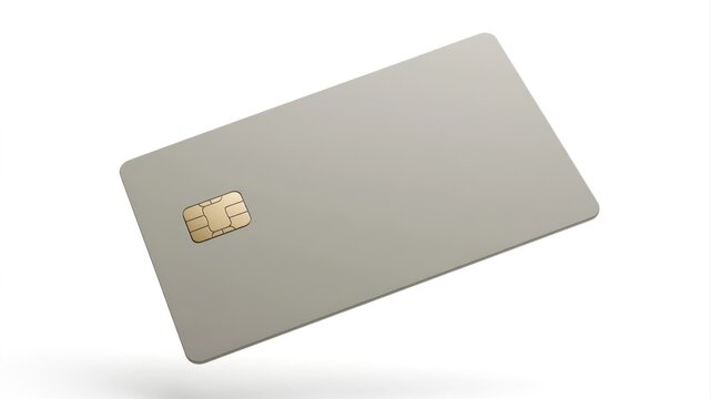 Gray credit card with gold logo floating in air on white background.