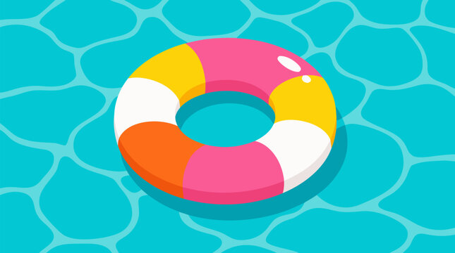 Vibrant Multicolor Inflatable Swim Ring Floating on Calm Turquoise Swimming Pool Water Surface, Summer Holiday Flat Vector Illustration with Bold Geometric Shapes and Solid Colors for Vacation Banner