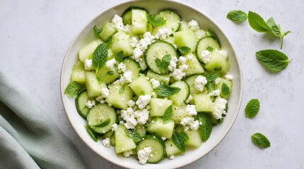 Obraz premium A fresh cucumber and melon salad with crumbled feta and mint in a ceramic bowl offers a bright healthy meal idea for summer menus or wellness food promotions.