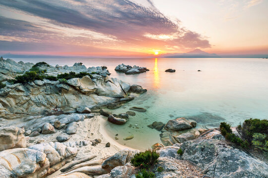 Greece, Macedonia, Chalkidiki, Sarti, Orange Beach at sunset