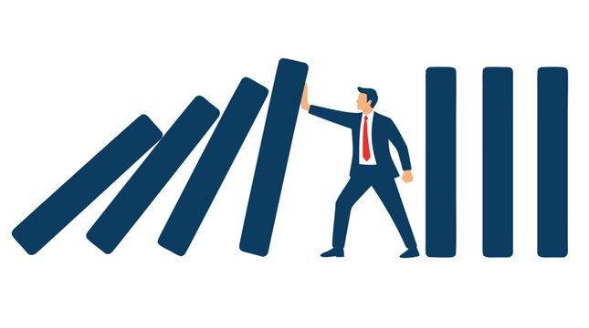Businessman Stopping Falling Dominoes to Prevent Crisis, Risk Management Concept, Leadership and Control in Business, Vector Illustration on White Background, Problem Solving and Intervention.