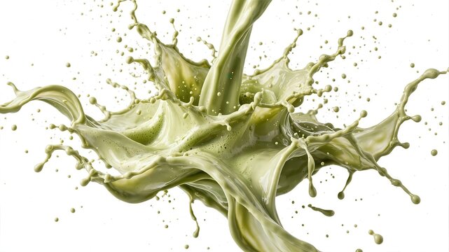 Green liquid splashing dynamically on white.