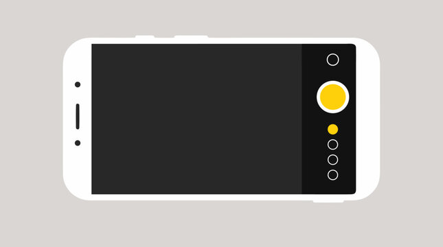White Smartphone Camera App Interface Vector Illustration Featuring Yellow Shutter Button, Flash Icon and Mode Selection Circles on Dark Screen Display, Minimalist Mobile Photography UI Design