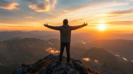 Fototapeta premium A lone hiker stands with arms outstretched on a rocky mountain summit at golden sunset, overlooking valleys and peaks for adventure travel campaigns.