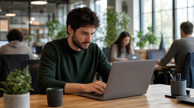 A focused young professional works on a laptop at a shared office table, suited for coworking, remote work, startup productivity, and modern business campaigns.
