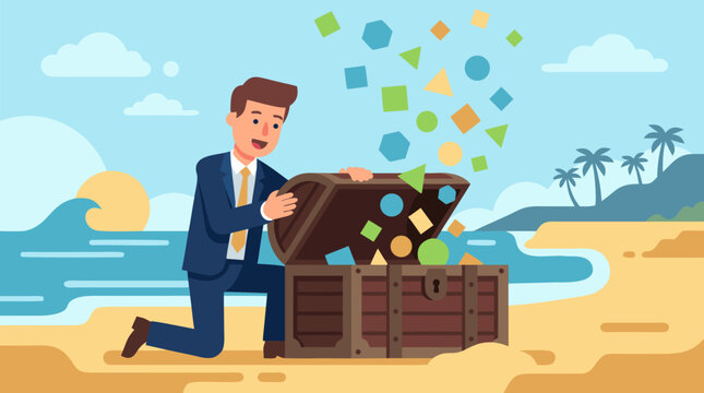 A happy businessman in a suit kneeling on a sunny beach opening a wooden treasure chest that releases colorful floating geometric shapes like squares and circles representing creative business