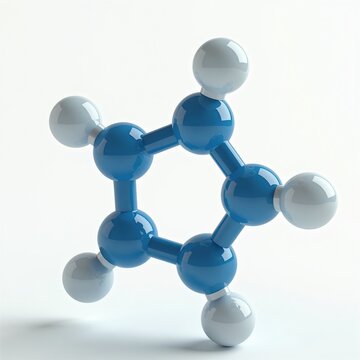 Three dimensional model of cyclopentane molecular structure on white background. Blue carbon balls connect with grey hydrogen atoms forming cyclic chemical ring. Concept illustrates organic chemistry