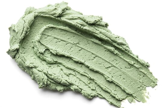 Green clay face mask smear on white background natural skincare product.