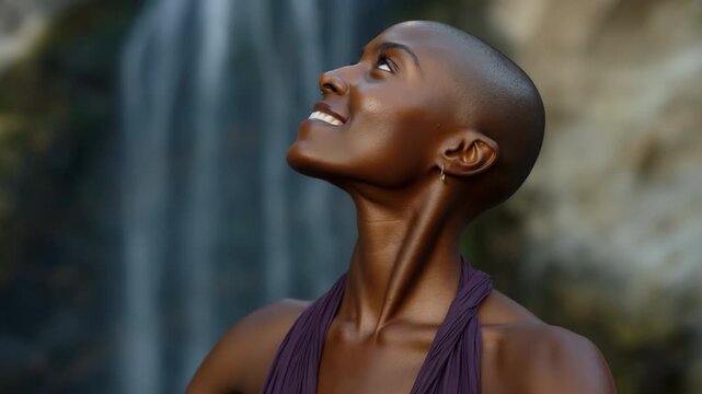 Woman smiling and looking upward near waterfall setting