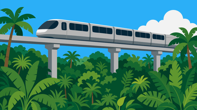 A sleek silver monorail train glides smoothly along an elevated concrete track high above a dense, vibrant tropical rainforest canopy filled with lush green palm trees and banana leaves under a