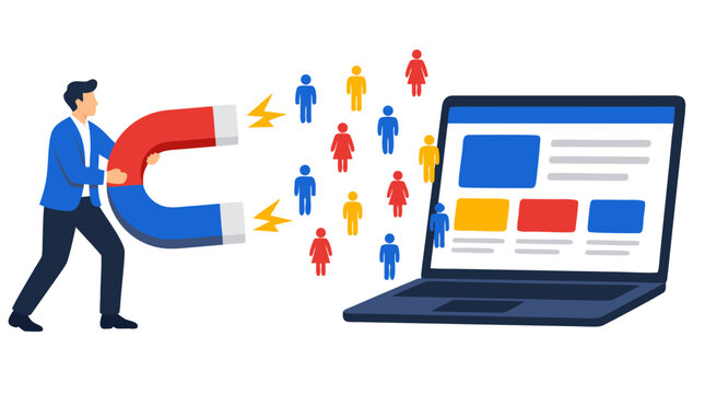 Vibrant flat vector illustration of a professional businessman using a large red and blue magnet to attract diverse colored customer avatars toward a generic laptop website display, representing