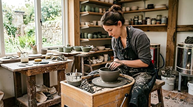 A woman potter shapes a clay bowl on a spinning wheel in a rustic ceramics studio, suited to promoting artisan workshops and handmade tableware.