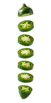 Jalapeno Peppers Sliced Vertical Stack Isolated White Background Natural Lighting.