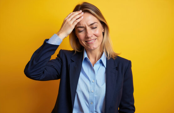 Young business woman touches head expressing surprise, regret. Frustrated pro lady in suit makes mistake forgets important task. Blonde person feels stress due to work error bad memory. Employee