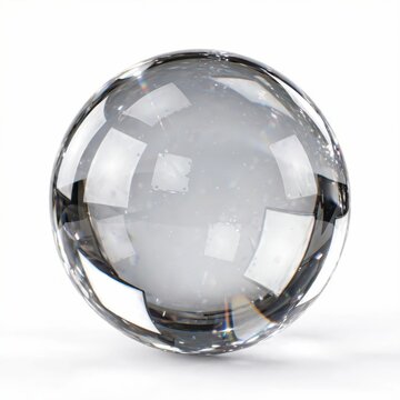 Large clear glass sphere reflecting light on white background with shadows.