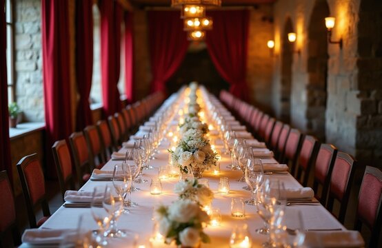 Long table set for formal dinner in stone walled restaurant with red curtains. Elegant banquet hall prepared for wedding reception party with flowers candles, crystal glassware. Luxury catering