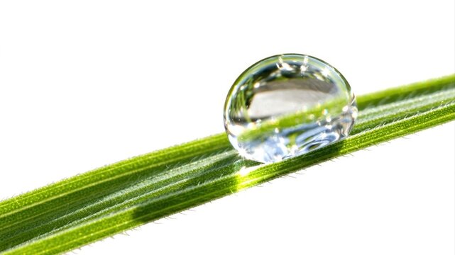 Large dewdrop on green grass blade morning light transparent water droplet.