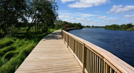 Obraz premium Sunlit wooden boardwalk curves along a tranquil blue river, with lush green grass and trees