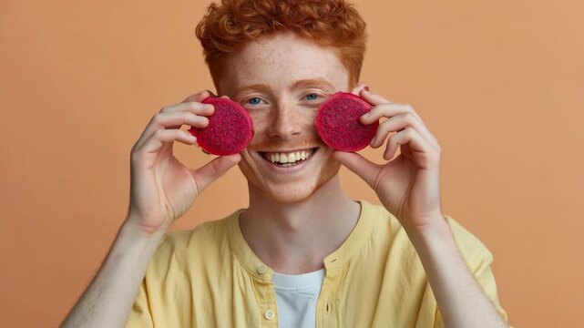 Red haired teen holding beet slices over eyes in studio